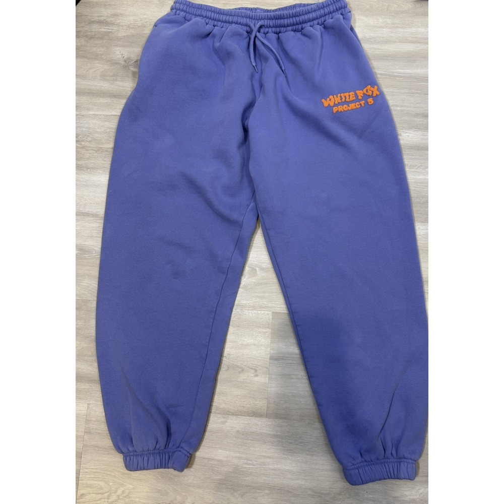 White Fox Project 5 Sweatpants Size large Purple/Blue Orange Logo Fleece Joggers